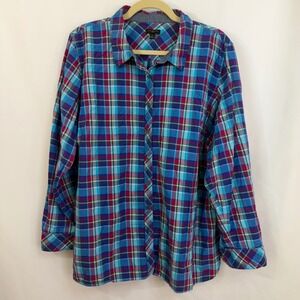 Talbots Womens Plaid Long Sleeve Button Up Shirt Blue Pink Purple 2X Lumber Jane